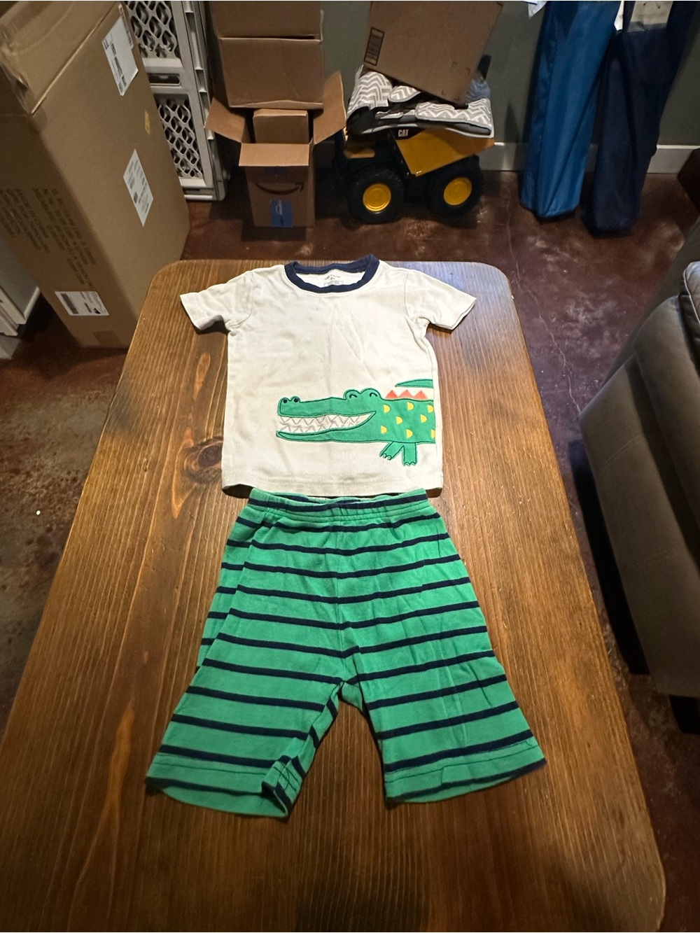 Carter's White Tee & Green Striped Crocodile Pajama Set